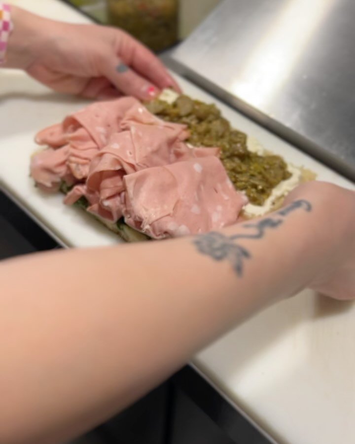 Sammy special 🤤
Thin sliced mortadella, stacked on house Foccacia, with a basil spinach and hazelnut pesto, local eggplant we pickled, and a fresh ricotta shmear. A little bit of a arugula. 
Seriously tasty. 🥪🫶🏼