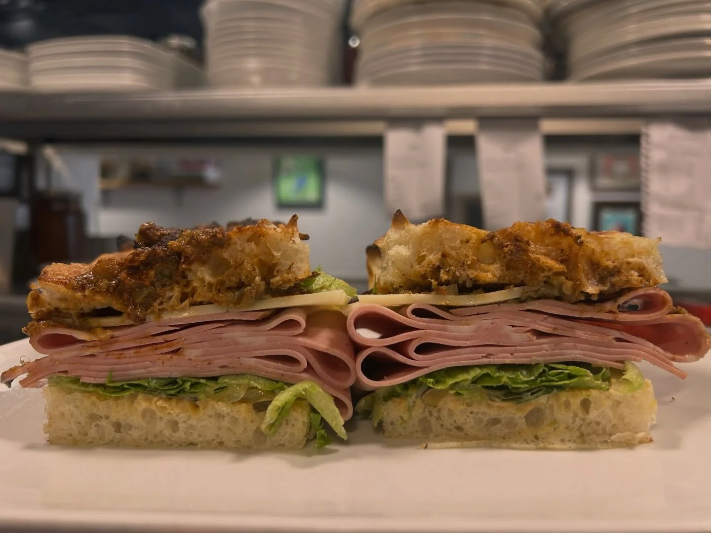 Mortadella Sammy on special 🥪
House Focaccia, sliced mortadella, picked local eggplant spread, roasted red pepper shmear, honey mustard, Swiss cheese and greens 🔥