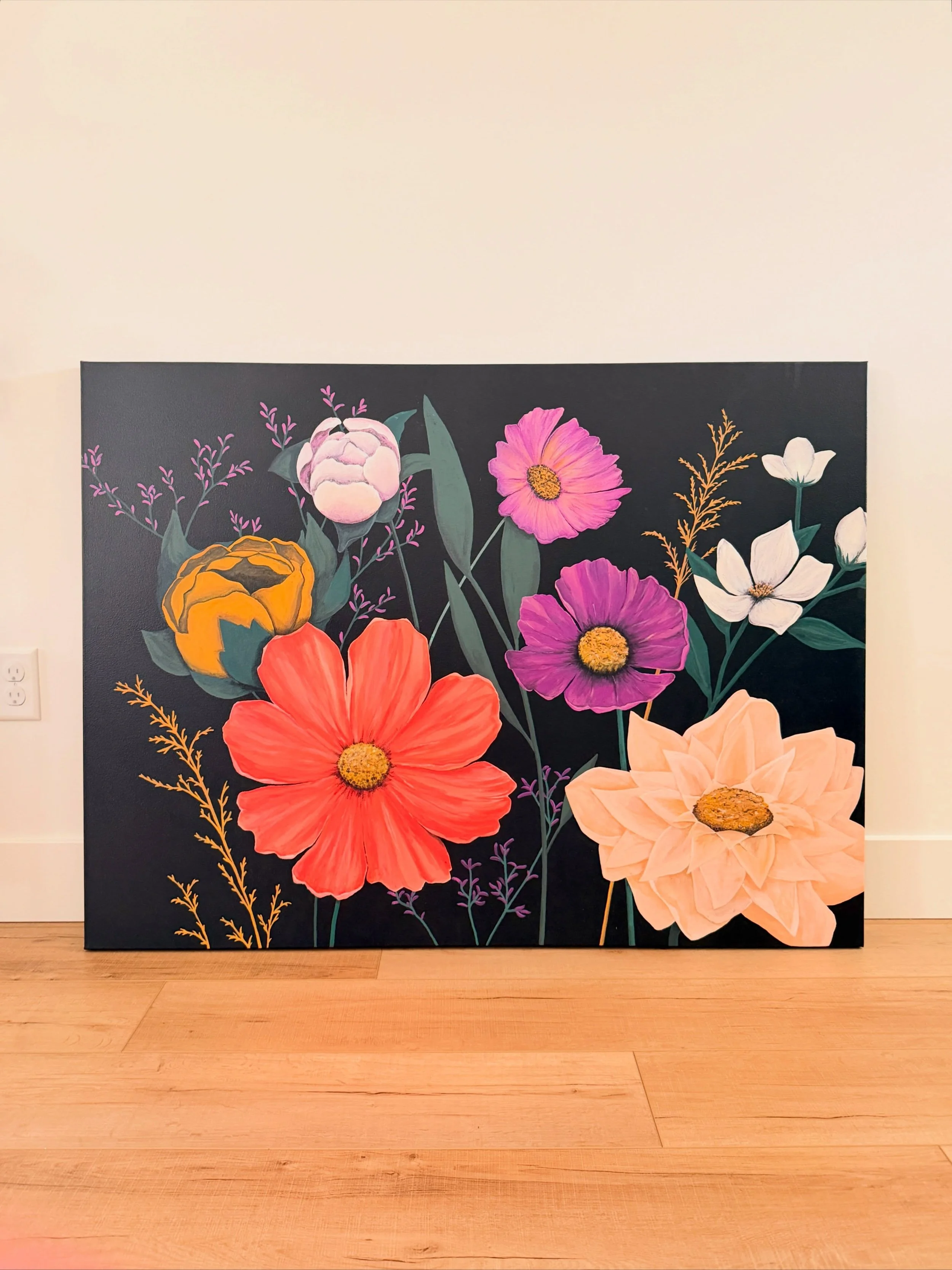 Florals. Realistic-ish. Not my usual lane, and challenging the whole way through. But I loved it. Most therapeutic thing I&rsquo;ve done in a while.

This one came out of losing my pup girl, Smuckers. 🤍 Used up some old mural paint I had lying aroun