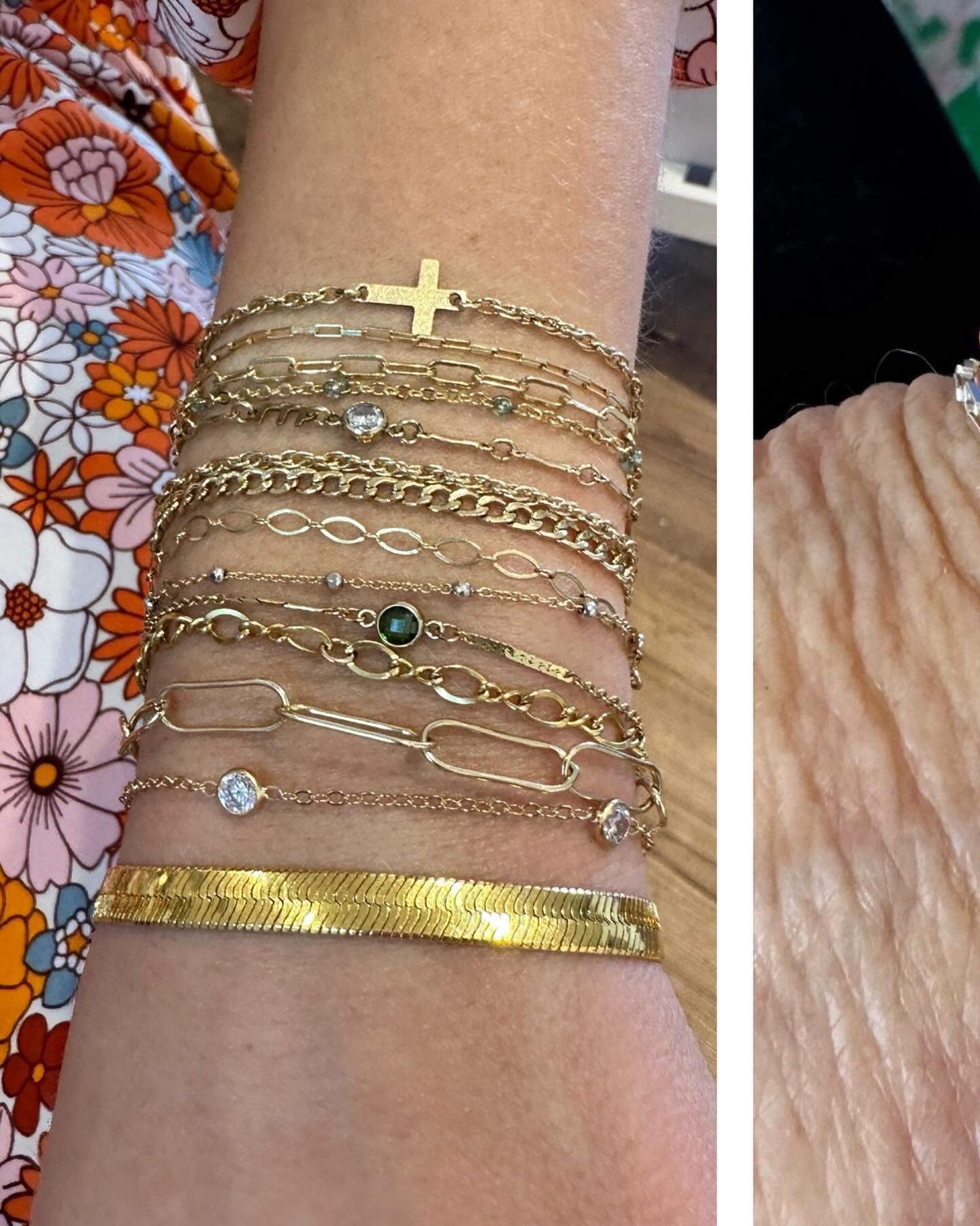 Sunday Stackspiration ⛓️✨⚡️. At Sparked we love helping create unique stacks. If you ever feel overwhelmed or need help feel free to ask.  #permanentjewelry #permanentjewelrygreenvillesc #peramentbracelet #stacksonstacks #goldfilled