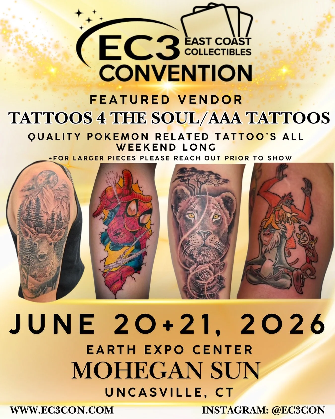 🎨⚡️ Get Inked at EC3CON! ⚡️🎨

We&rsquo;re excited to welcome Tattoos 4 The Soul and AAA Tattoos to EC3CON at Mohegan Sun! Whether you&rsquo;re looking for a Pok&eacute;mon-inspired tattoo, pop culture artwork, or a custom design, they&rsquo;ll be t