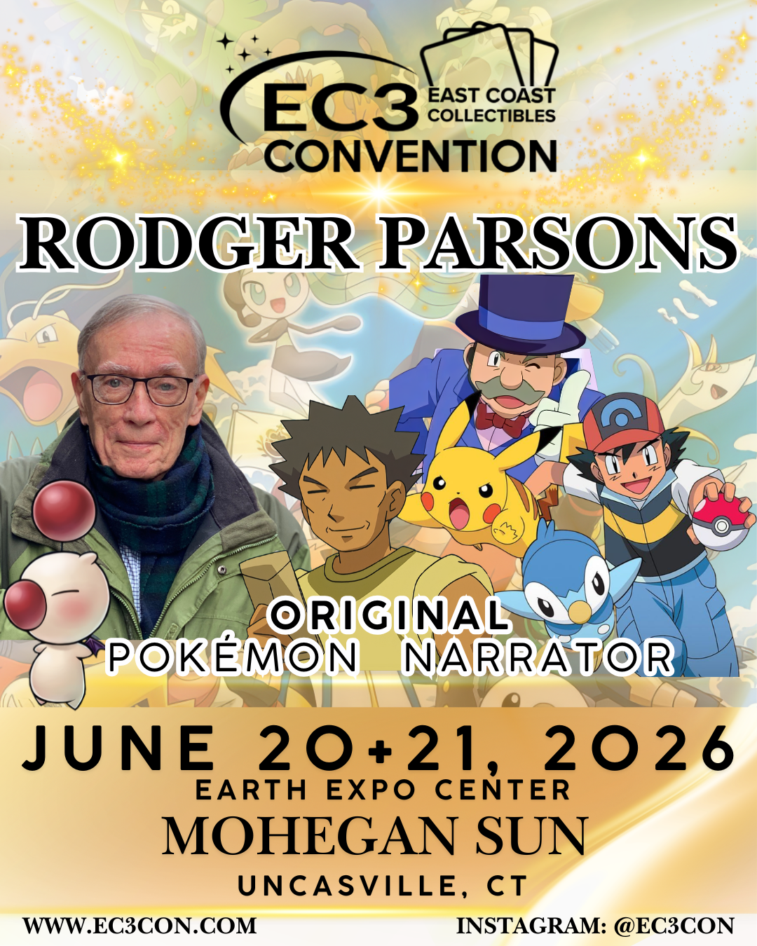 Rodger Parsons, original Pokémon narrator, Mohegan Sun, Connecticut event, card show, June 20 21, 2026