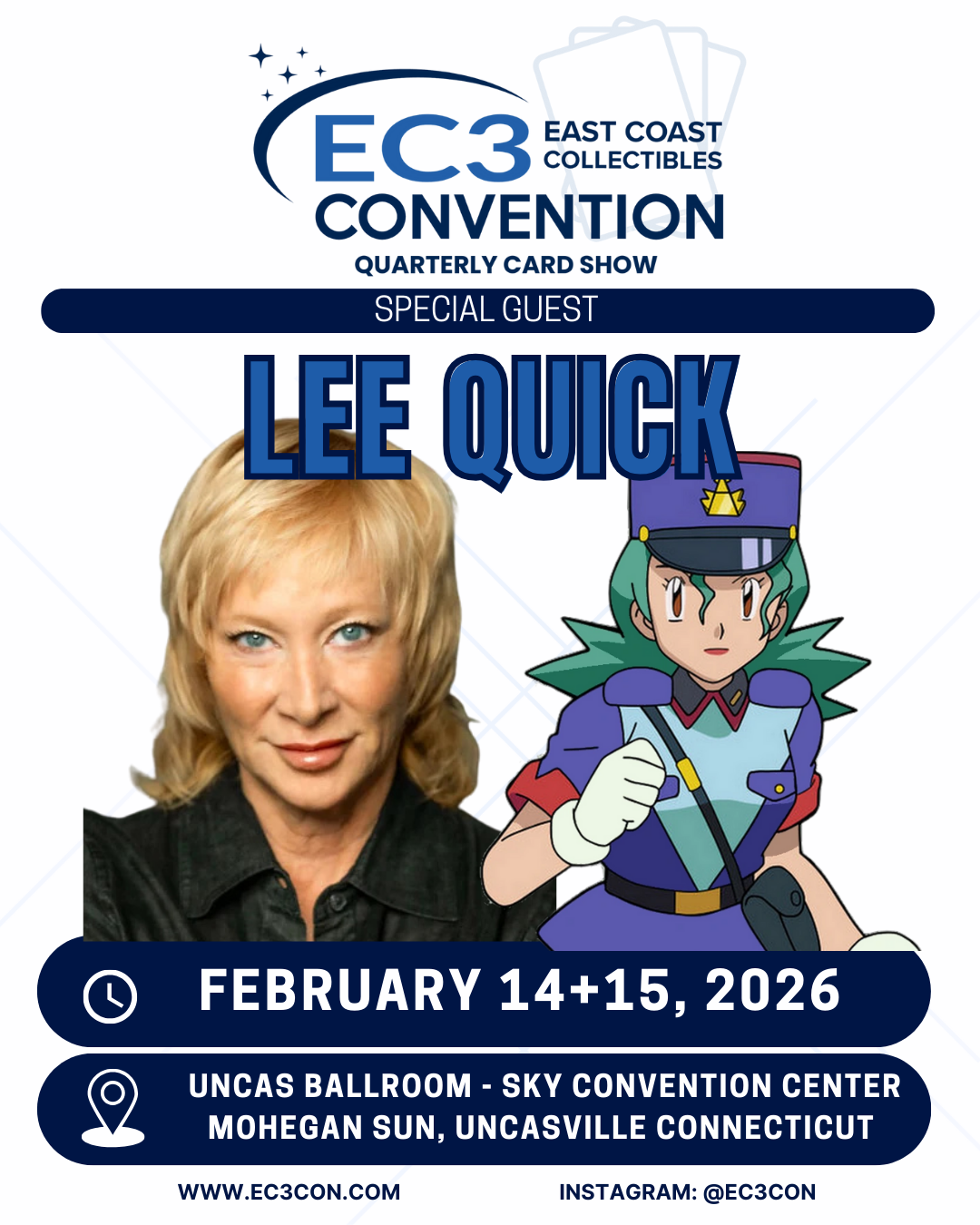 Lee Quick guest announcement for East Coast Collectibles Convention, featuring the iconic Pokémon voice actor known as Officer Jenny, appearing February 14–15, 2026 at Mohegan Sun.