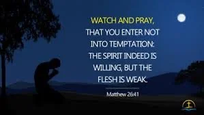 Night sky with full moon and trees, with a Bible verse overlay about watching and praying to avoid temptation, citing Matthew 26:41.