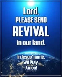 A religious prayer poster asking for revival in the land, referencing Jesus' name, with a blue background and Earth at the bottom.