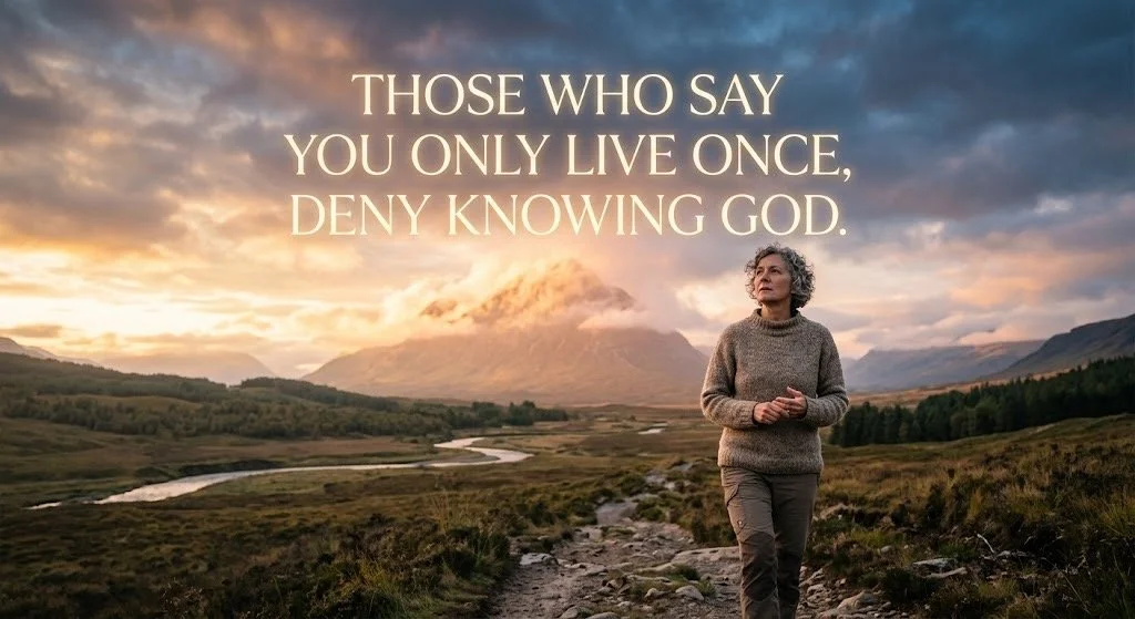 A woman hiking in a mountain valley at sunset with a quote about faith and knowing God overlaid on the image.