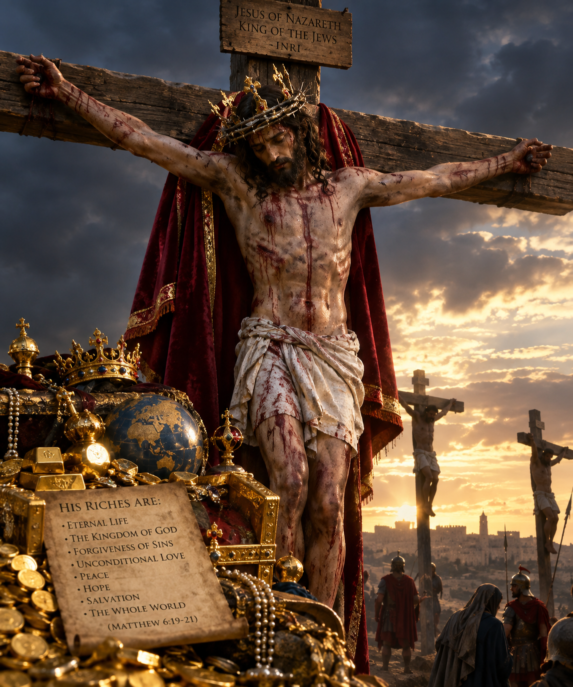 A detailed statue of Jesus Christ on the cross, covered in blood and wounds, with a crown of thorns, set against a dramatic sunset sky. In the foreground, there are gold treasures including coins, crowns, and jewelry. A scripture scroll lists riches such as eternal life, forgiveness, peace, hope, salvation, and the whole world, referencing Matthew 6:19-21. The scene symbolizes sacrifice and spiritual riches.