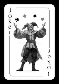 A playing card featuring a clown dressed as a joker, with the word 'joker' written vertically on the left and right sides of the card.