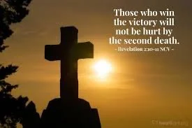 Silhouette of a cross against a sunset with a Bible verse from Revelation 21:4 about victory and healing.