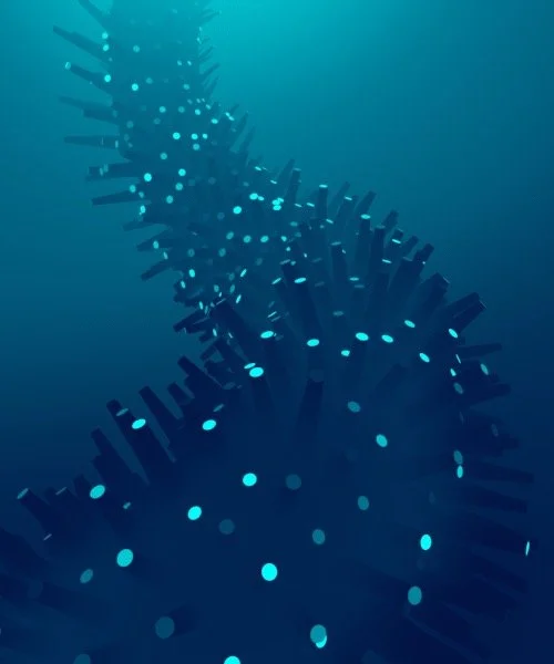 Abstract digital illustration of a glowing DNA helix with blue and cyan lights, floating in a dark blue space.
