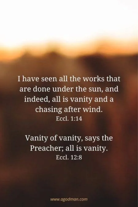 A blurred background with a sunset or sunrise sky, overlaid with a Bible quote about vanity and work done under the sun, citing Ecclesiastes 1:14 and 12:8, and a website URL at the bottom.