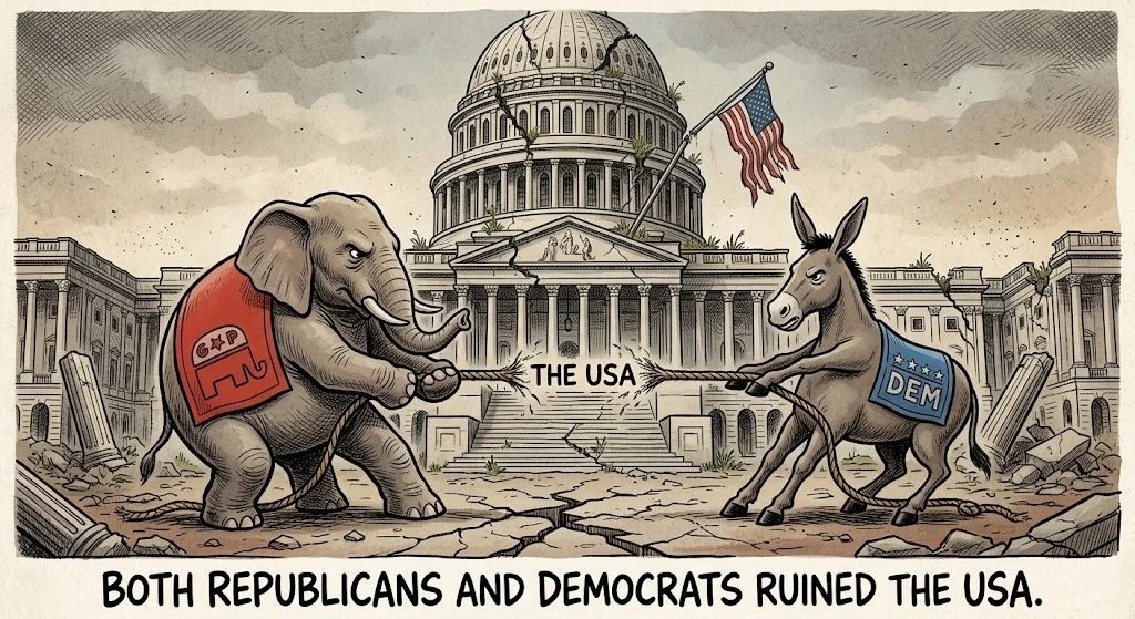 Illustration of an elephant and a donkey fighting with sticks in front of the US Capitol building, which has a crack in the ground between them. The elephant has a red hat with GOP and an elephant symbol, while the donkey has a blue vest with DEM and a donkey symbol. An American flag is flying on the Capitol. The caption reads, 'Both Republicans and Democrats ruined the USA.'