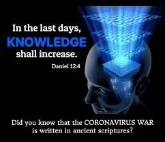A digital illustration with a person wearing a hoodie, embodying a head with digital blue light beams, and text stating, 'In the last days, knowledge shall increase. Daniel 12:4. Did you know that the coronavirus war is written in ancient scripture?'