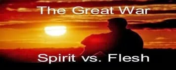 Silhouette of a person sitting and looking at a sunset with the caption 'The Great War, Spirit vs. Flesh' overlaid.