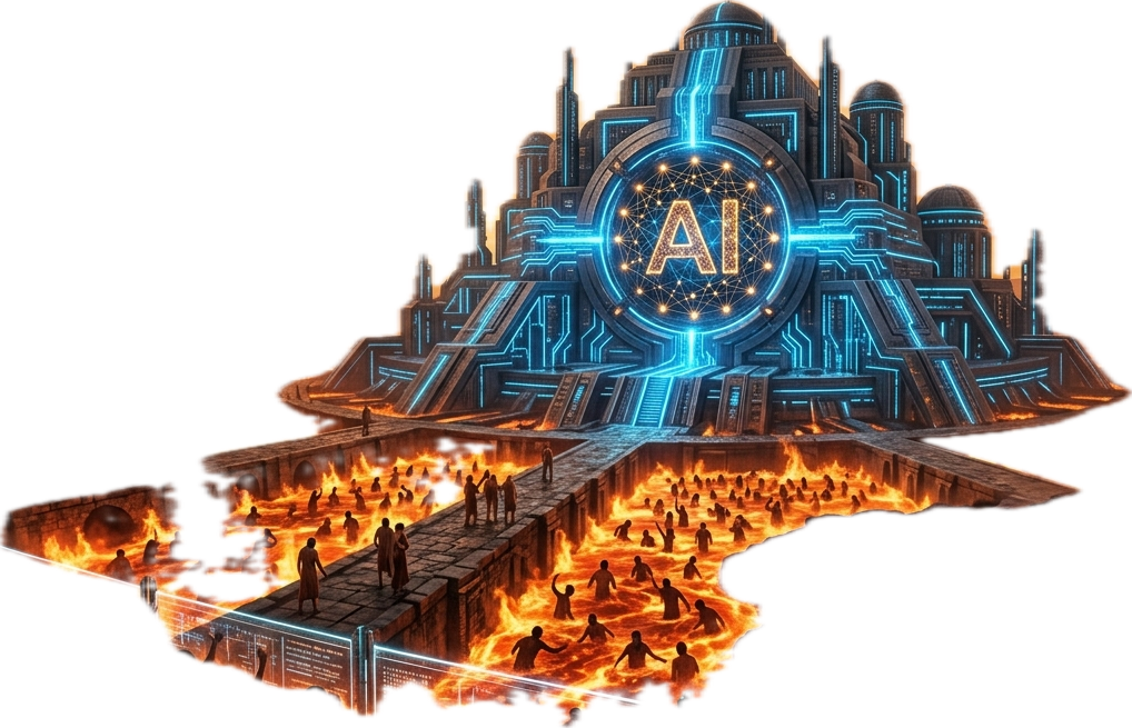 Futuristic digital city with a large AI symbol at the center, surrounded by technology and infrastructure, with people walking and fiery pathways underneath.