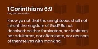 A Bible verse from 1 Corinthians 6:9 in the King James Version, displayed against a dark background.
