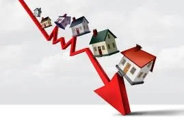 Illustration of declining real estate market with houses and a downward trending red arrow