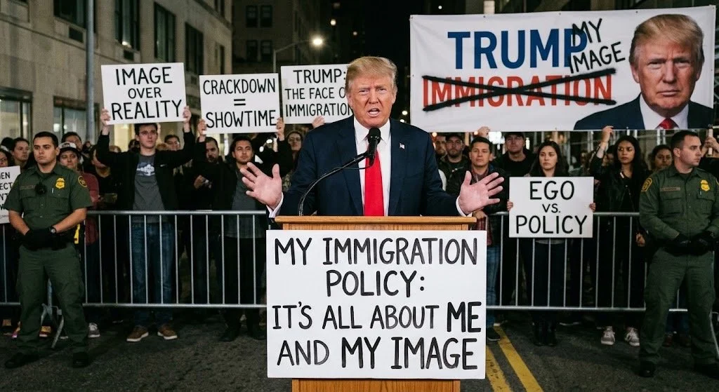 A man dressed as Donald Trump speaking at a protest rally, standing behind a sign that reads 'My Immigration Policy: It's All About Me and My Image.' Behind him, several protesters hold signs with messages such as 'Image Over Reality,' 'Crackdown = Show Time,' 'Trump: The Face of Immigration,' and 'Ego vs. Policy.' There are police officers on either side of the speaker, and a large banner with Trump's photo and the word 'IMMIGRATION' crossed out.