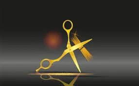 A pair of gold scissors with a comb and a straight razor, arranged artistically against a black background.