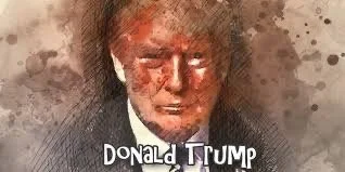 A stylized, painted portrait of Donald Trump with exaggerated features and a serious expression, labeled with his name.