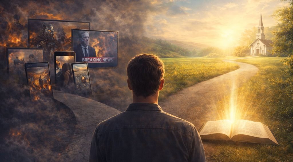 A man standing on a path in a field at sunset, with an open book glowing and a surreal scene of digital screens, news, and technology emerging from the book, blending reality and imagination.