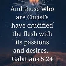 Bible verse from Galatians 5:24 over a starry night sky with a cross at the top