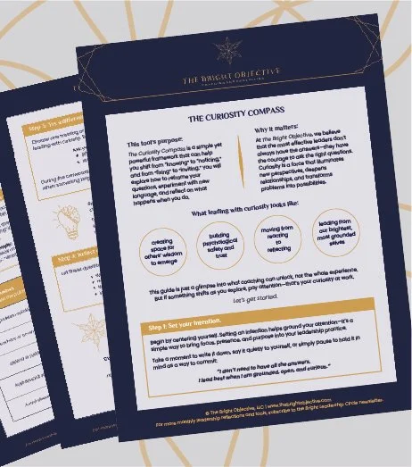 Two printed guides titled 'The Curiosity Compass' with content about curiosity, including sections on purpose, why it matters, and setting intentions. The guides feature some icons, decorative borders, and a dark blue header.