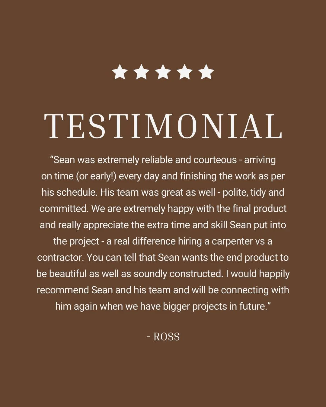 Kicking off December with these kind words from an awesome client. ⚒️🏡

✨ &ldquo;Sean was extremely reliable and courteous - arriving on time (or early!) every day and finishing the work as per his schedule. His team was great as well - polite, tidy