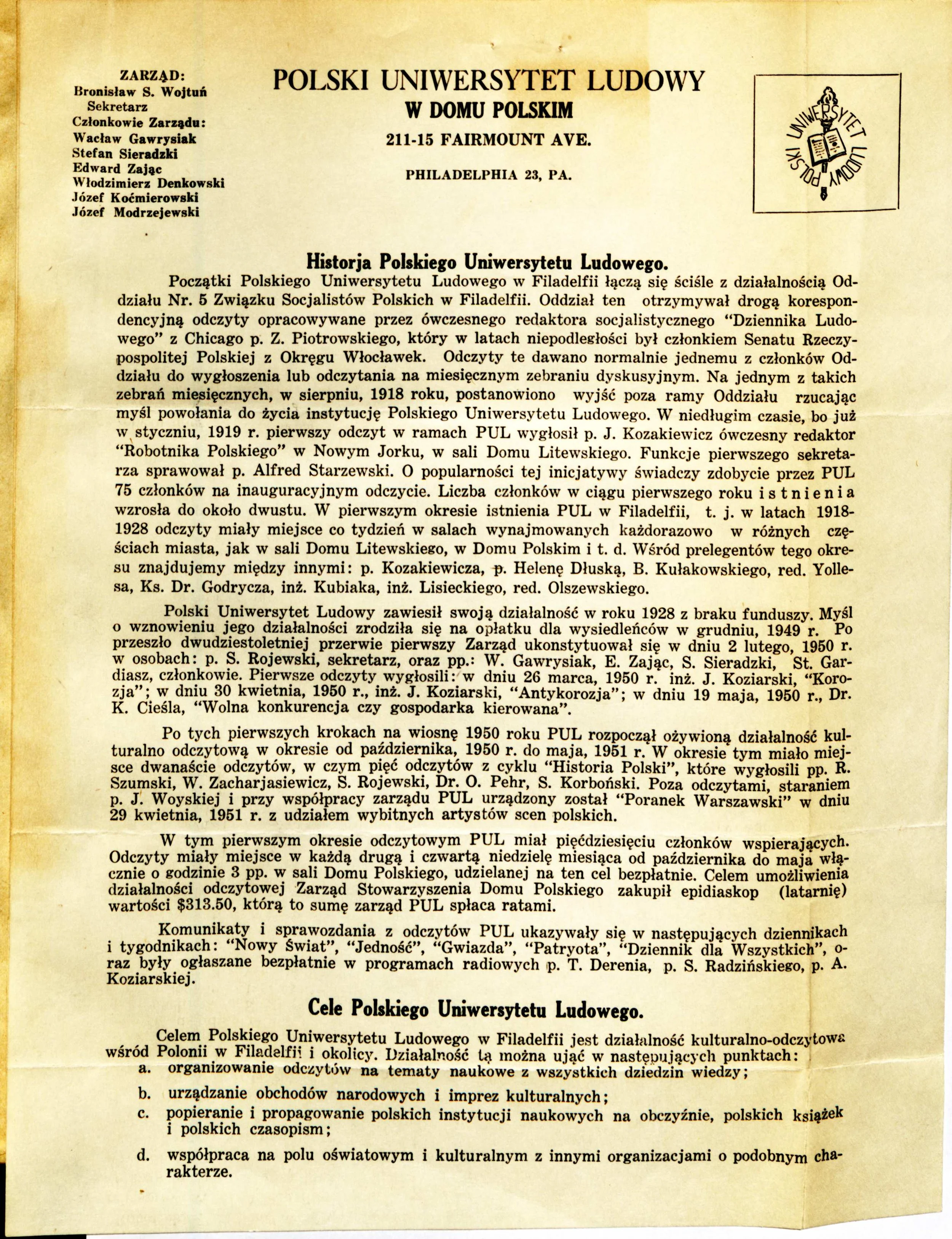 Przegląd historyczny PUL oraz sprawozdanie z wykładów z lat 1951–1952