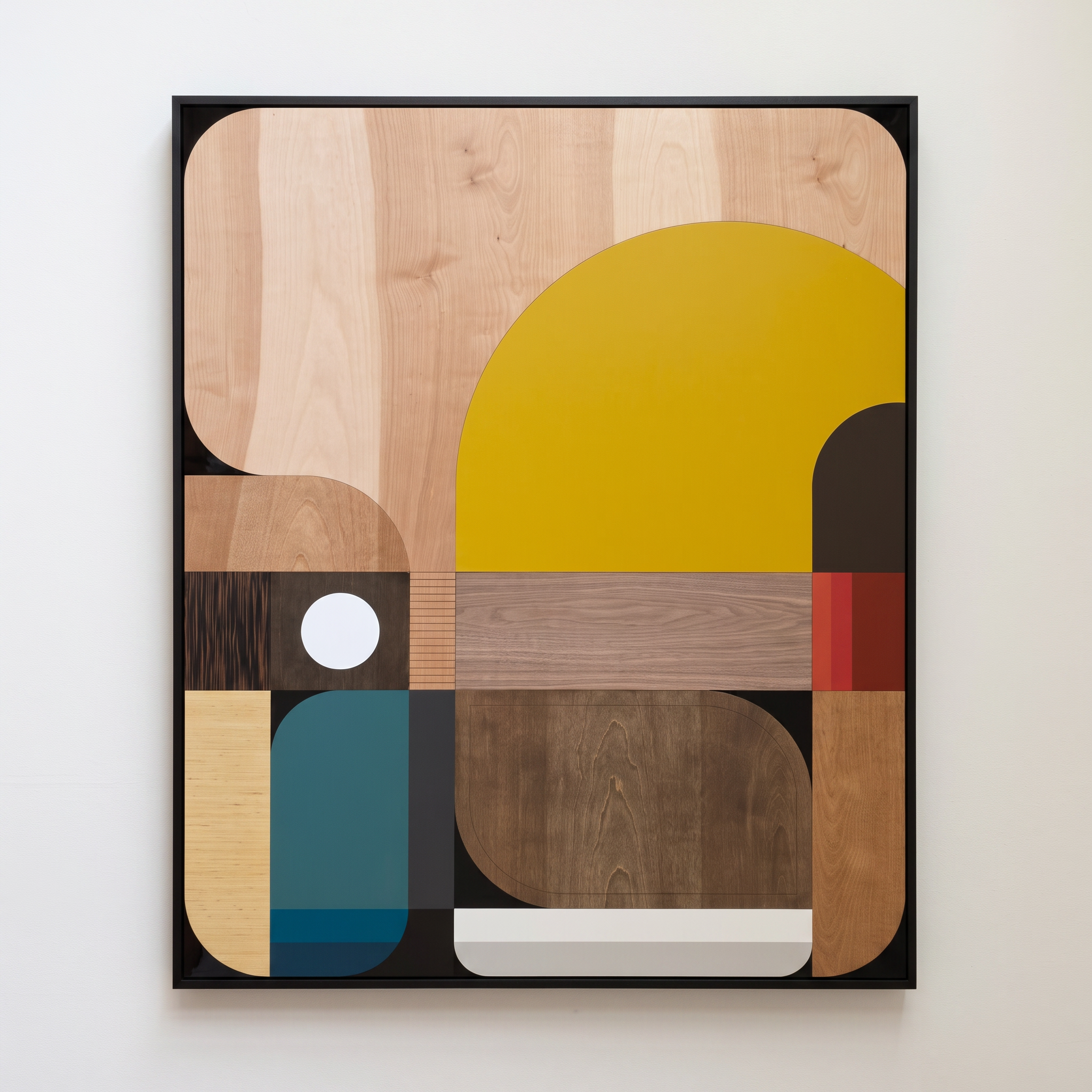 Abstract artwork with geometric shapes in natural, yellow, and brown wood tones framed in black, mounted on a white wall.