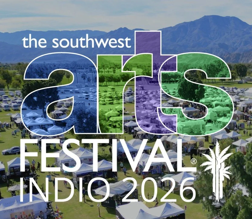 Announcement for the Arts Festival in Indio, 2026, with a background of a festival with tents, trees, and mountains, and the event logo featuring a palm tree.