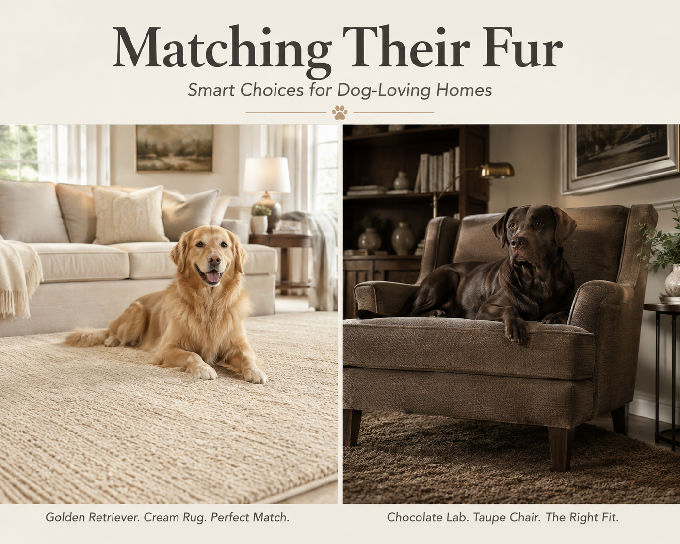 Golden Retriever on Cream Rug & Chocolate Lab on Taupe Chair