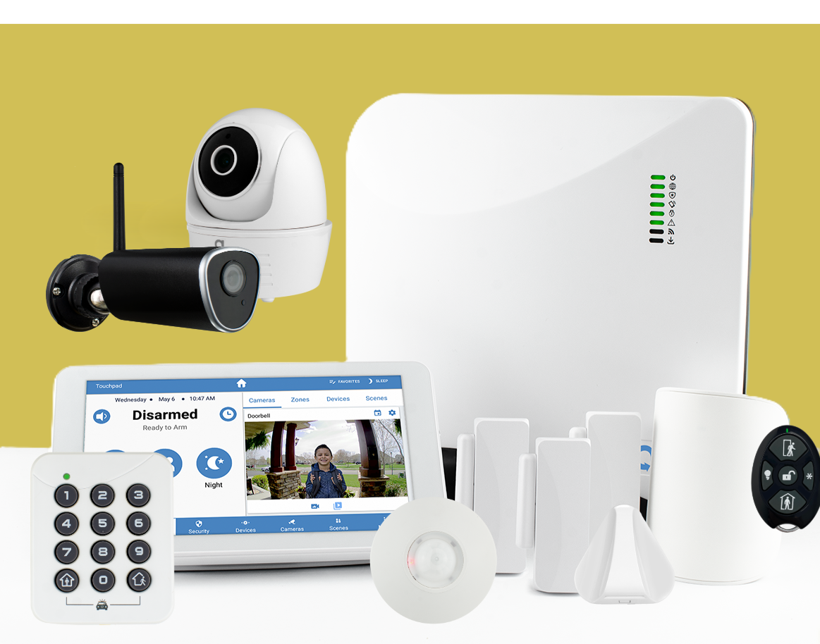 Home security system components including cameras, a control panel, motion detector, key fob, doorbell camera, and alarm sensors on a yellow background.