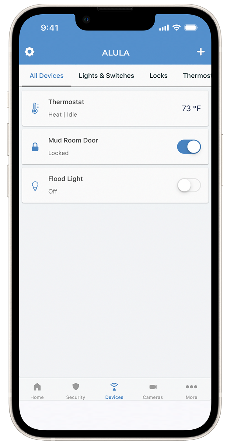 Smartphone screen displaying a home automation app named ALULA, with options for controlling thermostat, mud room door lock, and flood light.