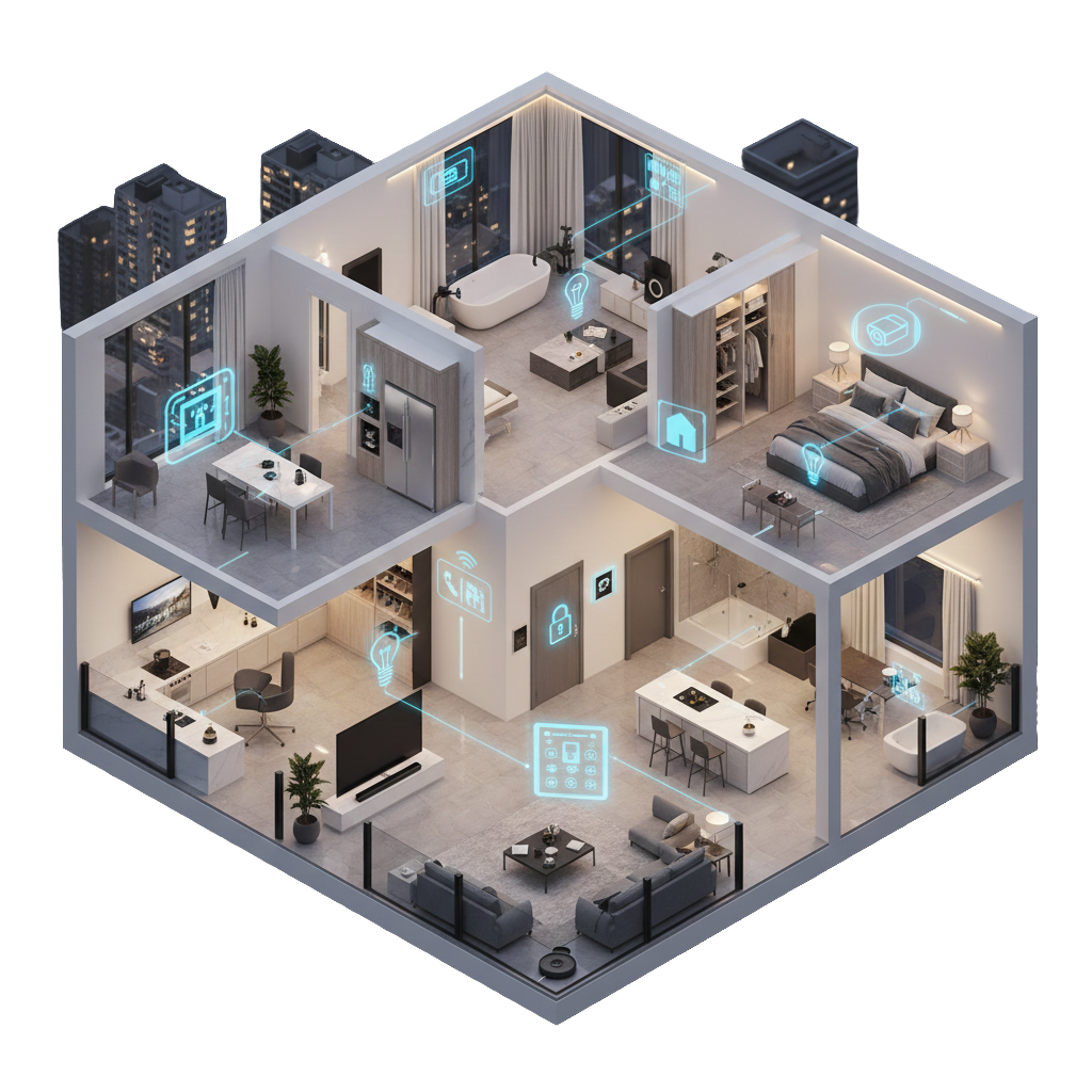 A modern smart home with interconnected rooms showing smart devices and wireless connections, including kitchen, living room, bedroom, bathroom, and dining area.