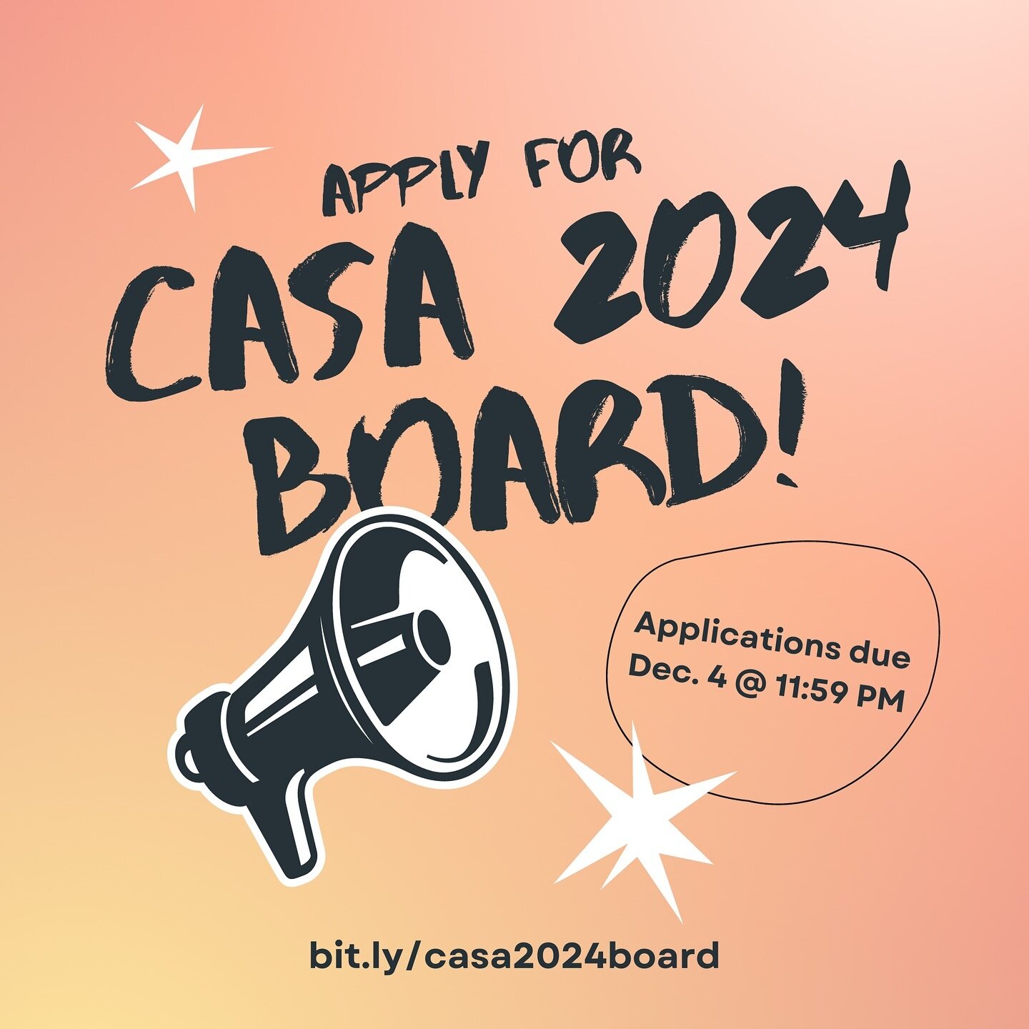 Applications for the 2024 CASA Board are now open! 📝⭐️ As a CASA Board Member, you will be supporting us in creating a space for Chinese/Chinese American expression, conversation, and celebration on campus.

Apply by Monday, Dec. 14 @ 11:59 PM! 🗓️
