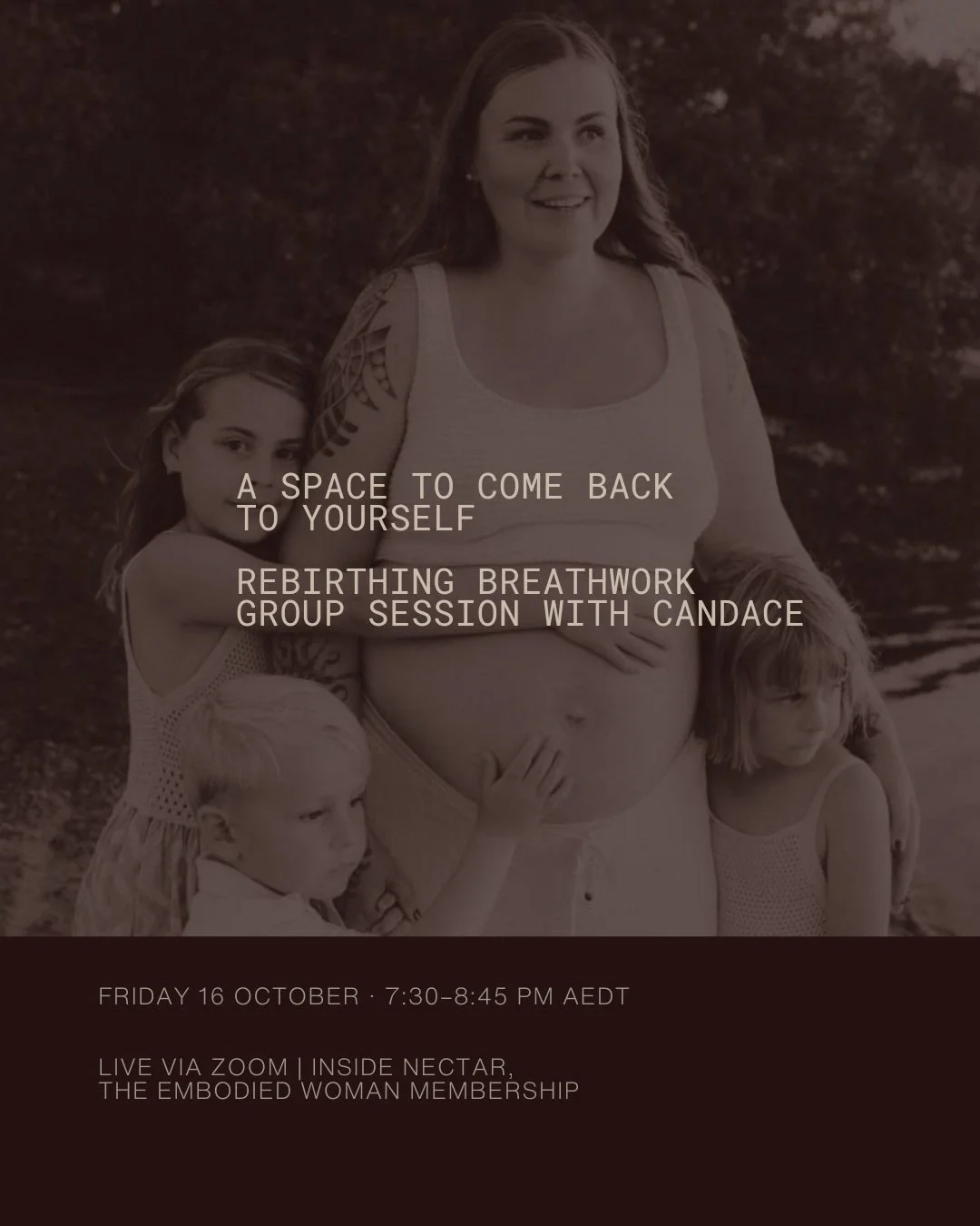 What becomes possible when you create space to be with yourself, rather than moving straight past what you feel?

This Friday inside Nectar, we gather with Candace for our monthly circle and an introduction to Rebirthing Breathwork Mastery.

Through 