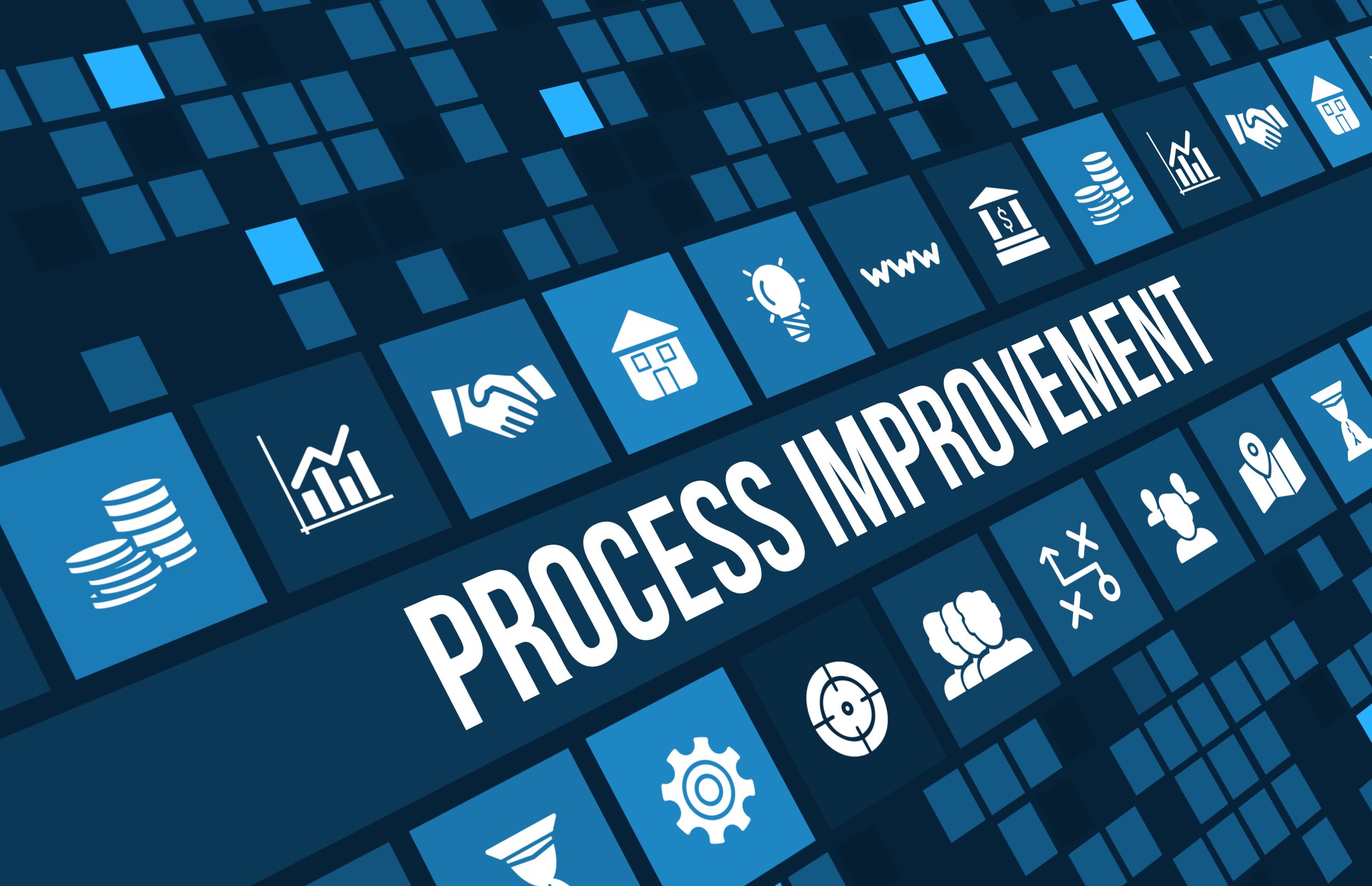 A digital graphic with a blue background featuring various icons related to business and technology, including a handshake, house, lightbulb, coins, gear, target, and graph, with the bold text 'PROCESS IMPROVEMENT' in the center.