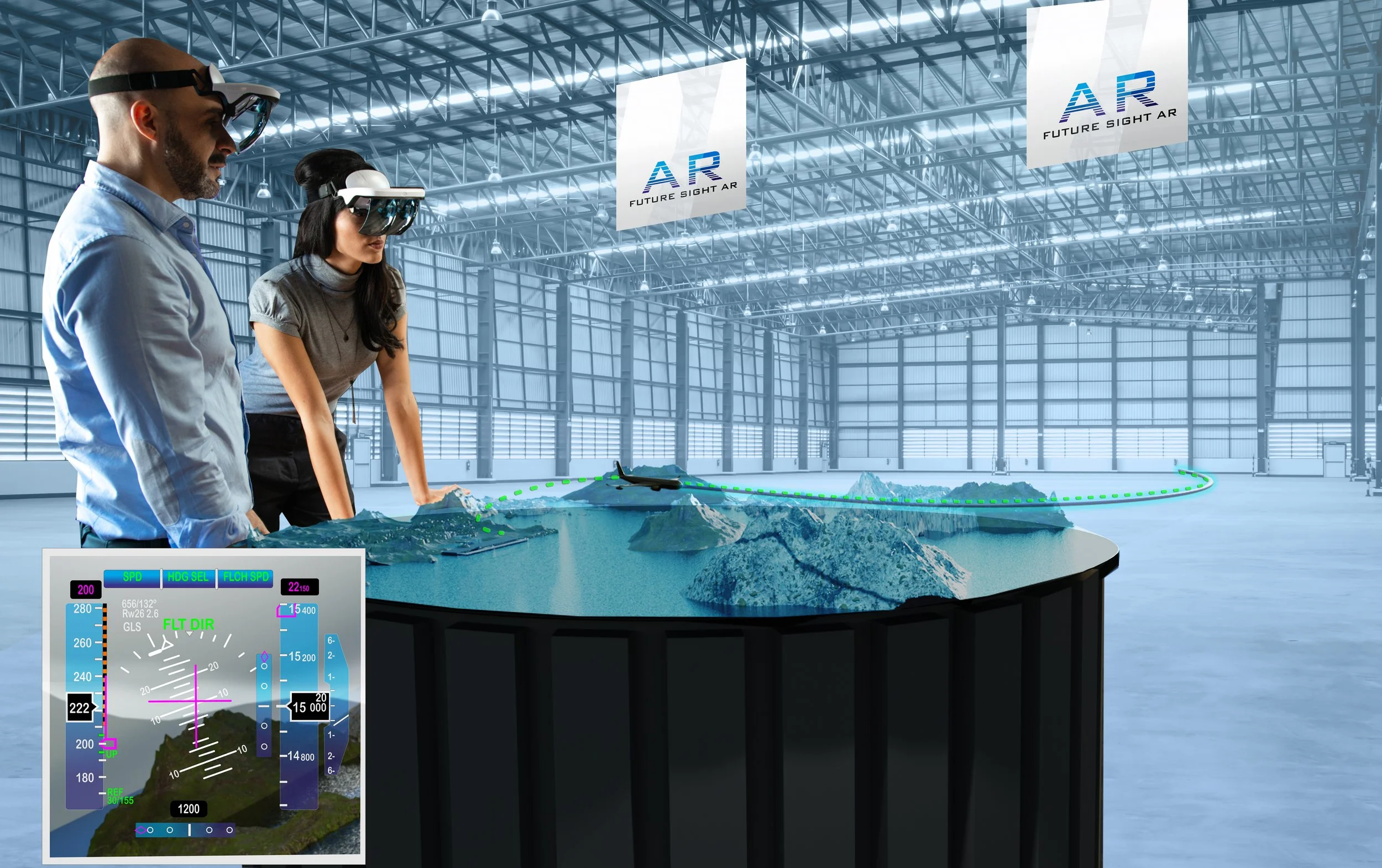 Two people wearing AR headsets in a large warehouse, viewing an augmented reality display of a landscape with mountains and water. A digital aviation dashboard overlay is visible, displaying flight navigation data. AR company banners hang above.