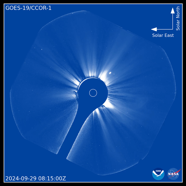 a .gif from the CCOR-1 camera showing a CME explode out of the left side of the sun, producing a flare viewed on the Space Weather Explorer app by Dauntless Studios
