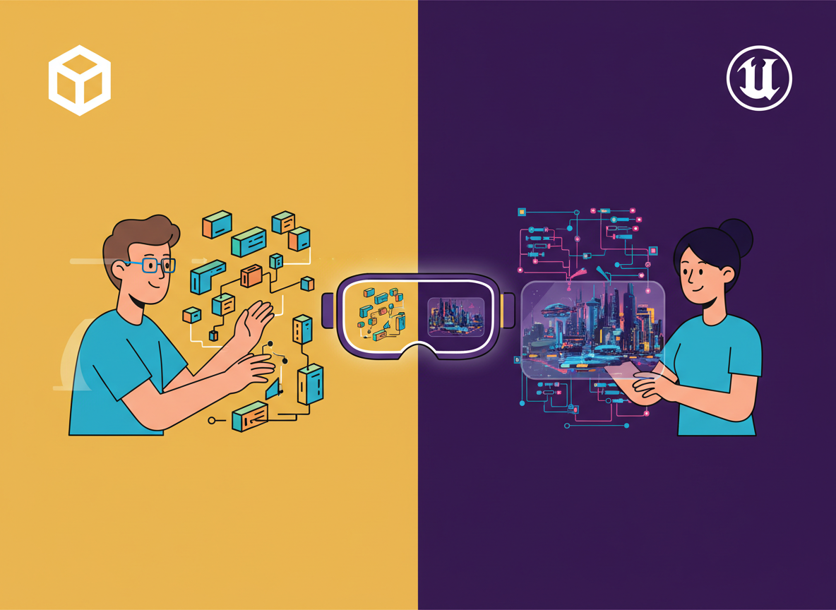 illustration of a developer in unity vs a developer in unreal