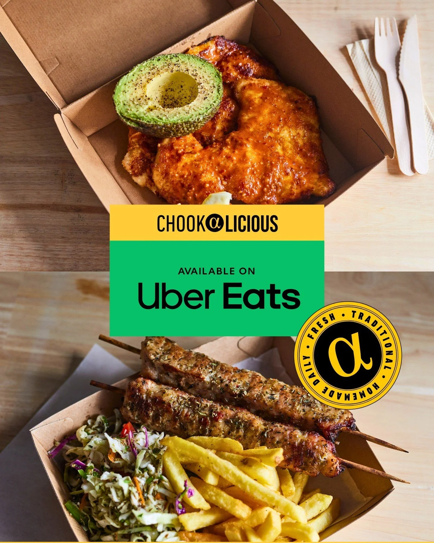 Your favourites, delivered! 🥗🍗 Chicken peri peri, skewers, chips &amp; more - just tap Uber Eats! #ChookALicious #GetItDelivered #UberEats