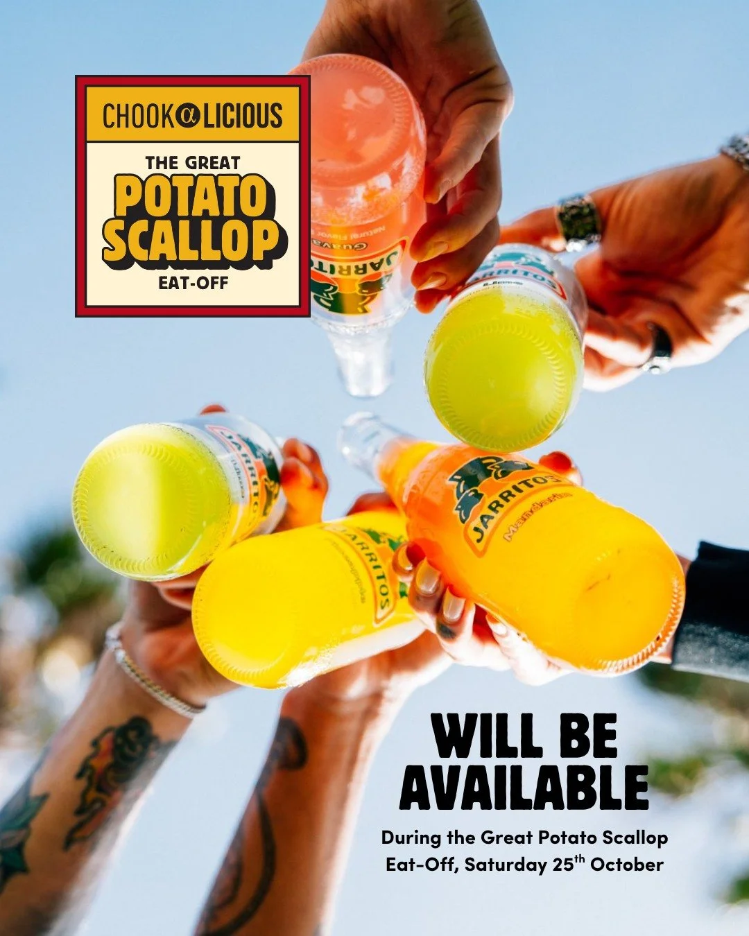 🥤🥔 Guess what? We’re washing down crispy potato scallops with ice-cold @jarritosau ALL DAY LONG this Saturday! 🥳
It’s the Great Scallop Eat-Off, and our mates at @jarritosau will be on-site bringing the good vibes, free merch, and fla