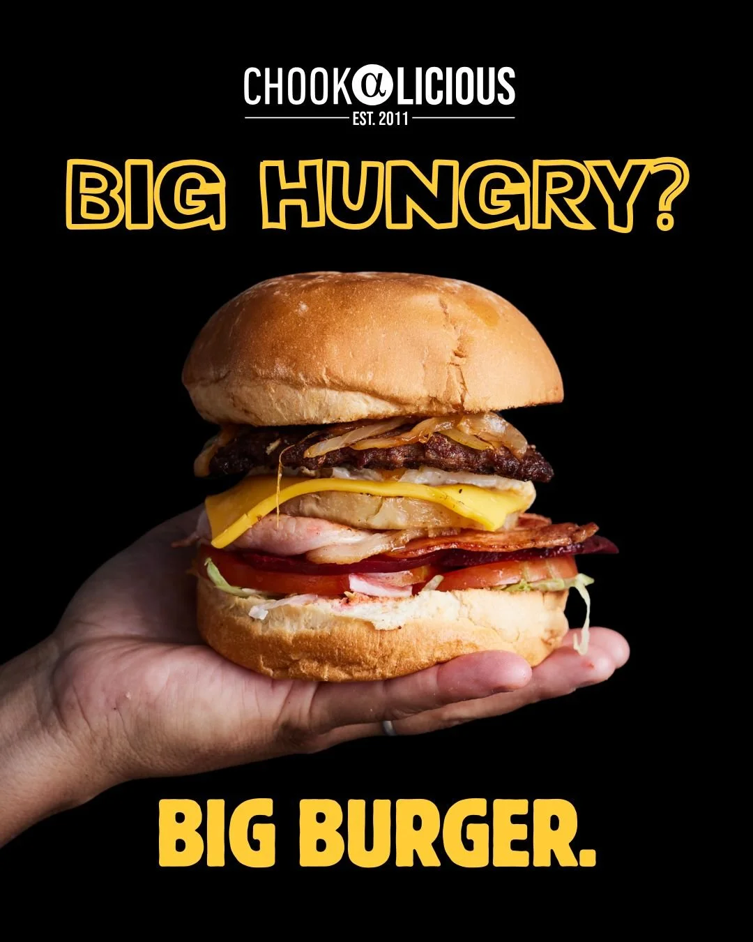 🍔 BIG hungry? You need a BIG burger.

Say hello to the OG Hamburger with the Lot &mdash; our most popular for a reason.

We&rsquo;re talkin&rsquo;:
 🔥 Meat Patty
 🥬 Lettuce, Tomato, Beetroot
 🧅 Caramelised Onions
 🍳 Egg, Bacon, Cheese
 🍍 Pineap