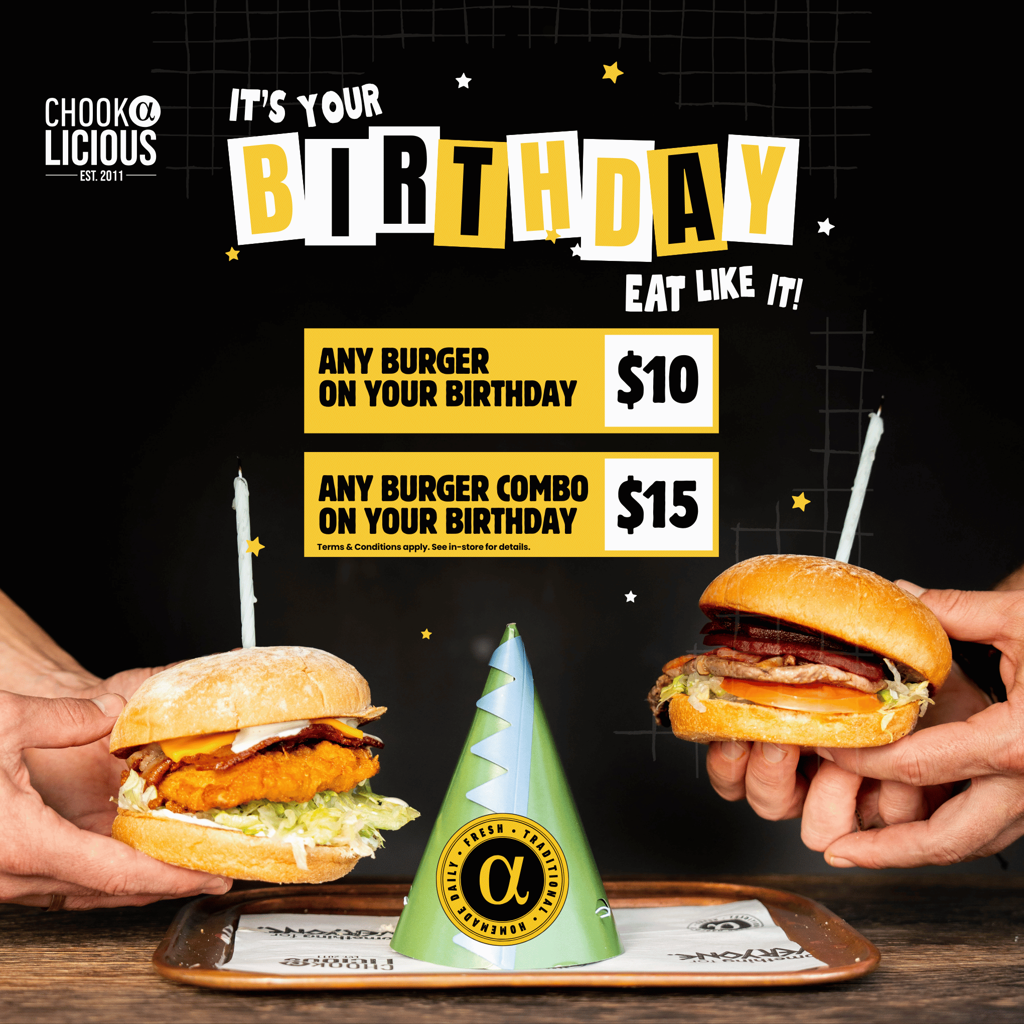 Birthday Burger Deal Winston Hills | $10 Burgers &amp; $15 Combos