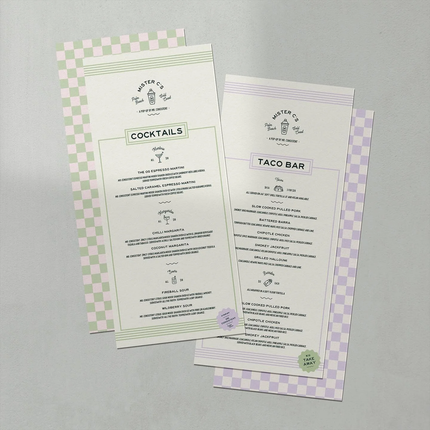 Mister C&rsquo;s &mdash;&mdash; Menu for a pop-up Cocktail and Taco Bar, which will operate as a sister restaurant for a Cocktail Mixer Brand. As I said the other day, the brand actually exists so I&rsquo;ve taken prompts from their current branding 