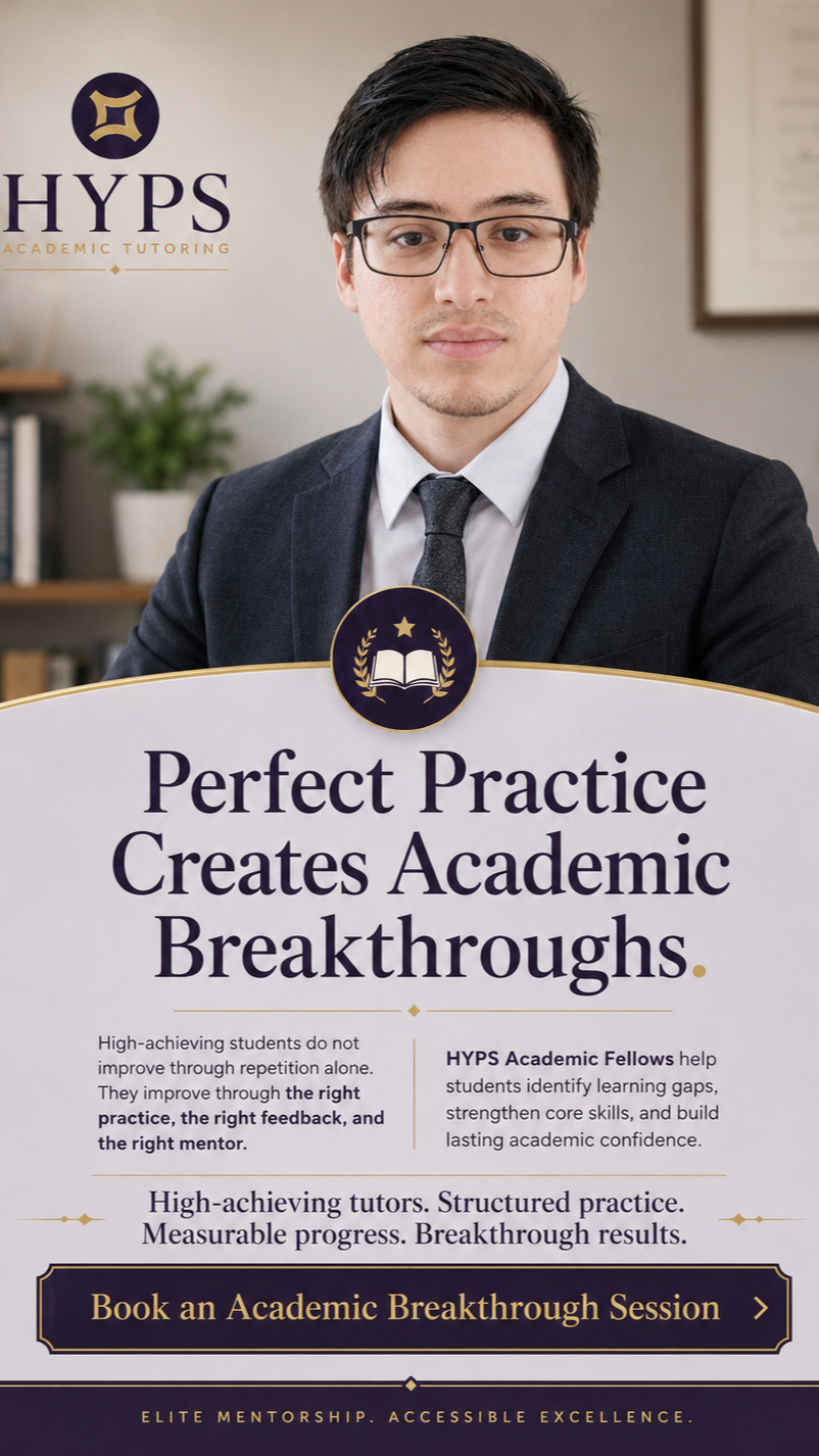 Promotional poster for HYPS tutoring featuring a smiling young woman with shoulder-length brown hair wearing a white t-shirt against a yellow and white abstract background. The text highlights the creation of breakthroughs by tutors from Harvard, Yale, Princeton, and Stanford.