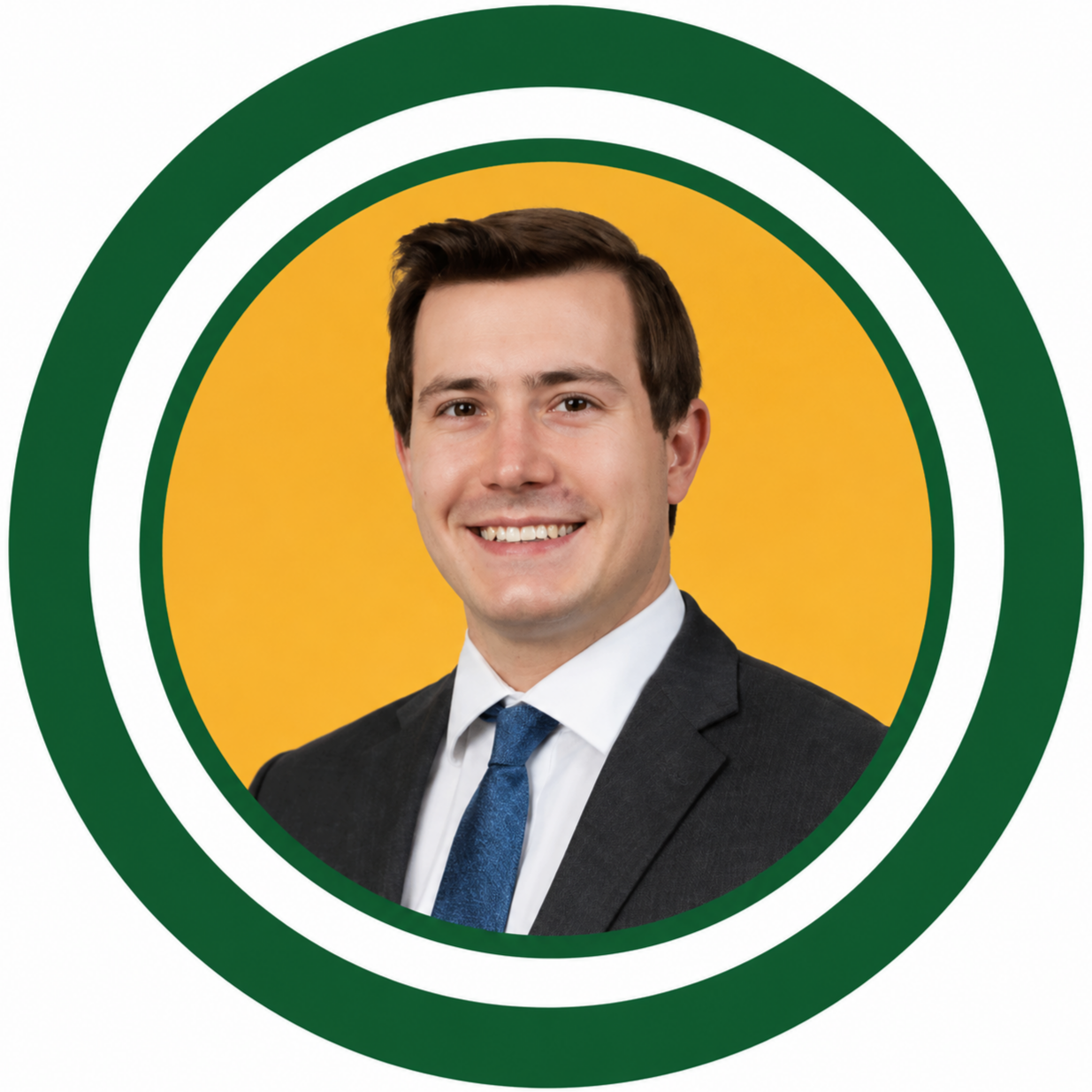 Professional headshot of smiling man in a suit against a yellow background, framed by a circular white and black border.