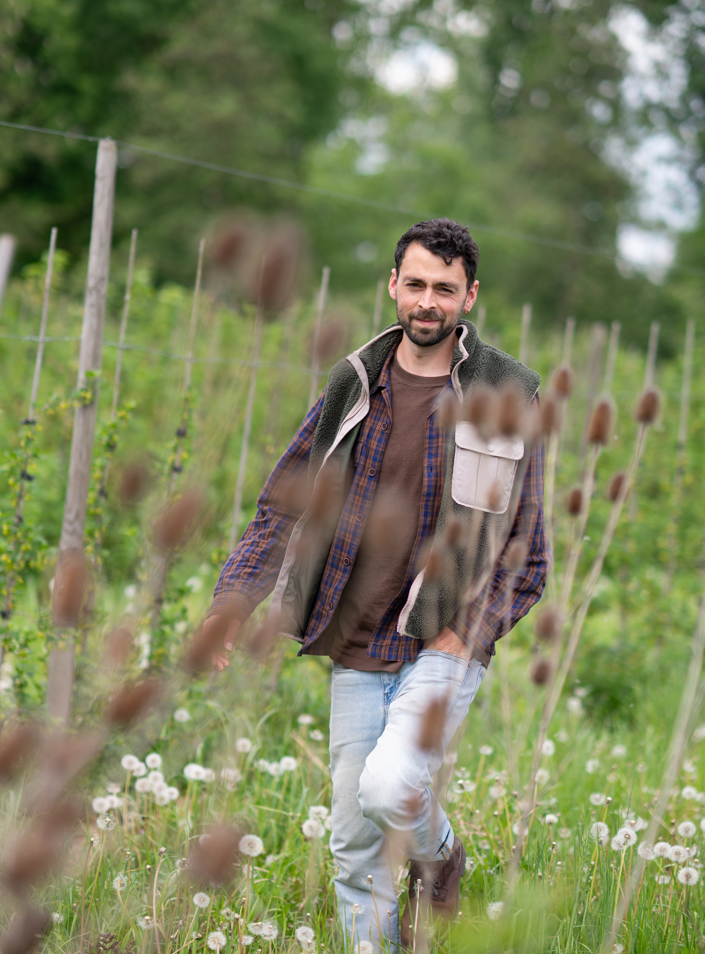 Man wandelt door een veld met paardenbloemen, draagt een groene vest en een bruin T-shirt, met een achtergrond van bomen en een bewolkte hemel.