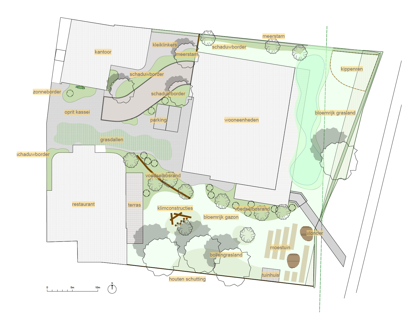 Landschapsontwerp met tuinen, paden, bomen en planten, inclusief elementen zoals terras, restaurant, parkeergelegenheid en diverse landschapselementen.